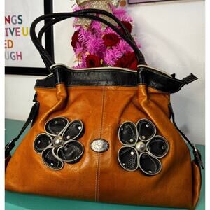Illution Leather Flower Tote Bag -Brown & Black Handmade Purse -Genuine Leather